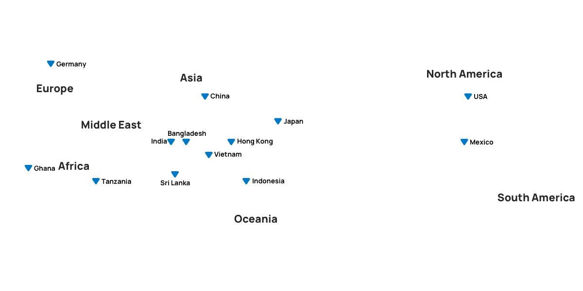 Germany, China, Japan, India, Bangladesh, HongKong, Vietnam, SriLanka, Indonesia, Ghana, Tanzania, USA, Mexico